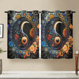 Close up of two sunflower curtains with yin yang symbol from Classic Curtains collection.