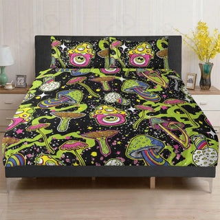 Colorful alien pattern bed in Home Goods collection with black background.