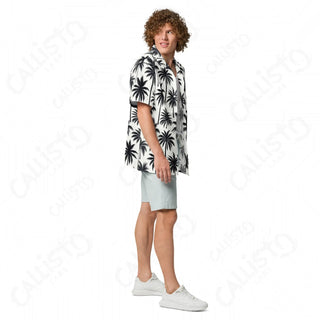 A boy in white shirt and shorts from Men’s Button Up Hawaiian Shirts collection.