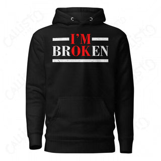 Men’s black hoodie with ’I’m broken’ text, from the Horror collection