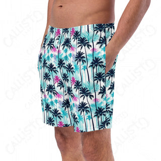 Men’s swim trunks featuring a man in white and blue palm print design