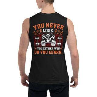 Men’s tank top featuring man in sombre hat holding books