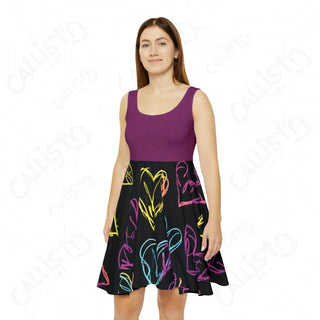 Skater dress with colorful flowers in purple fabric for women