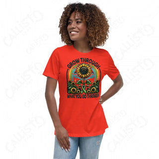 Woman wearing red sunflower shirt from Women’s Mental Health Short Sleeve collection.