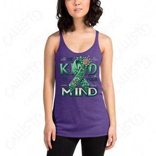 Woman wearing purple tank top with ’s the kind of mind’ from Women’s Mental Health Tank Tops.