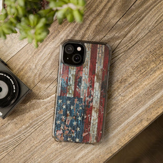 Distressed American Flag Magnetic Clear Impact Case for iPhone 14 & 15 - MagSafe® Compatible - iPhone 14 - Phone Case