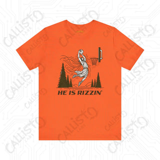 Men’s Funny ’He is Rizzin’’ Basketball Jesus Dunk Tee: Humorous Sports Shirt for Basketball Fans - Orange / XS - T-Shirt