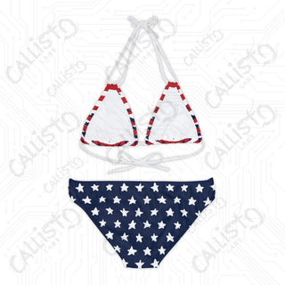 Women’s July 4th Strappy Bikini - American Flag Design with Stars and Stripes: Perfect Patriotic Swimwear for