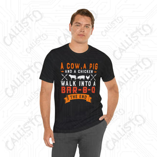 Men’s ’A Cow a Pig and a Chicken Walk into a BBQ’ Dad Joke Shirt: Hilarious BBQ Humor Tee for Dads and Grill