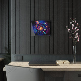 Modern office with desk, large painting on wall - Celestial Whirl Acrylic Panel Art