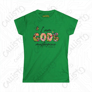 Women’s Softstyle Tee ’I Am God’s Masterpiece’ Ephesians 2:10 with Floral Design Inspirational Christian Shirt