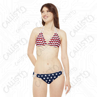 Women’s July 4th Strappy Bikini - American Flag Design with Stars and Stripes: Perfect Patriotic Swimwear for