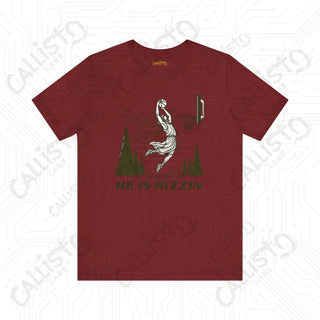 Men’s Funny ’He is Rizzin’’ Basketball Jesus Dunk Tee: Humorous Sports Shirt for Basketball Fans - Cardinal