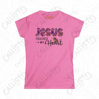 Women’s Softstyle Tee ’Jesus Touched My Heart’ with Floral Design Inspirational Christian Shirt for Women