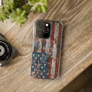 Distressed American Flag Magnetic Clear Impact Case for iPhone 14 & 15 - MagSafe® Compatible - iPhone 14 Pro - Phone