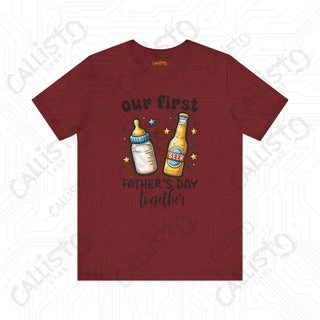 Men’s ’Our First Father’s Day Together’ Shirt: Celebratory Tee with Beer and Baby Bottle Graphic - Perfect Gift