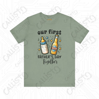 Men’s ’Our First Father’s Day Together’ Shirt: Celebratory Tee with Beer and Baby Bottle Graphic - Perfect Gift