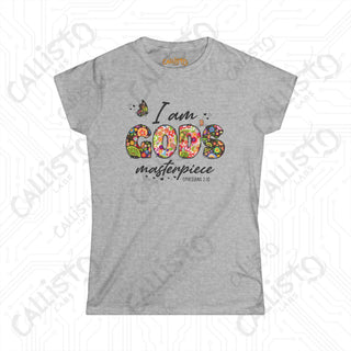 Women’s Softstyle Tee ’I Am God’s Masterpiece’ Ephesians 2:10 with Floral Design Inspirational Christian Shirt