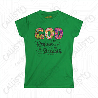 Women’s Softstyle Tee ’God is My Refuge and Strength’ Psalm 46:1 with Cross in Mason Jar Design Inspirational