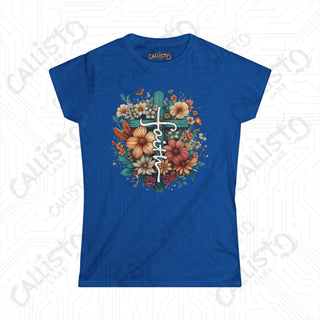 Empowering Women’s ’Faith’ Softstyle Tee with Floral Design and Cross - Inspirational Apparel for Her - Royal / S