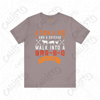 Men’s ’A Cow a Pig and a Chicken Walk into a BBQ’ Dad Joke Shirt: Hilarious BBQ Humor Tee for Dads and Grill