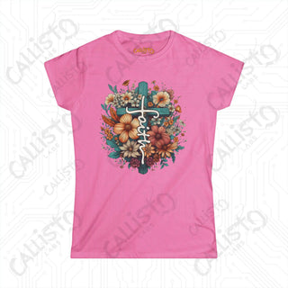 Empowering Women’s ’Faith’ Softstyle Tee with Floral Design and Cross - Inspirational Apparel for Her - Azalea