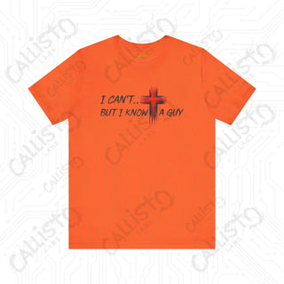 Men’s Humorous ’I Can’t But I Know a Guy’ Cross Religious Shirt: Funny Christian Apparel for Him - Orange / XS - T-Shirt