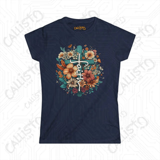 Empowering Women’s ’Faith’ Softstyle Tee with Floral Design and Cross - Inspirational Apparel for Her - Navy / S