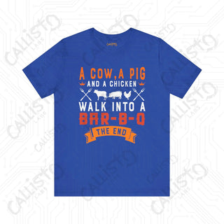 Men’s ’A Cow a Pig and a Chicken Walk into a BBQ’ Dad Joke Shirt: Hilarious BBQ Humor Tee for Dads and Grill