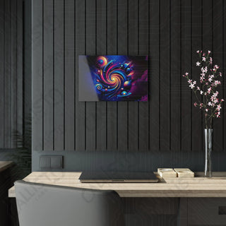 Modern dining table with vase of flowers and painting on wall featuring Celestial Whirl Acrylic Panel Art