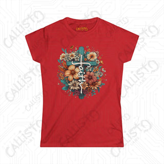 Empowering Women’s ’Faith’ Softstyle Tee with Floral Design and Cross - Inspirational Apparel for Her - Red / S