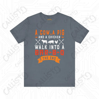 Men’s ’A Cow a Pig and a Chicken Walk into a BBQ’ Dad Joke Shirt: Hilarious BBQ Humor Tee for Dads and Grill