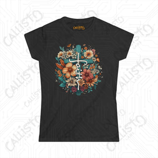 Empowering Women’s ’Faith’ Softstyle Tee with Floral Design and Cross - Inspirational Apparel for Her - Black / S