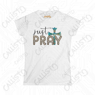 Women’s Softstyle Tee with Cross - ’Just Pray’ Inspirational Christian Shirt for Women - White / S - T-Shirt