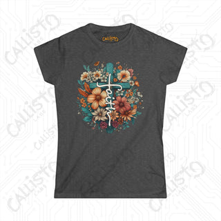 Empowering Women’s ’Faith’ Softstyle Tee with Floral Design and Cross - Inspirational Apparel for Her - Dark