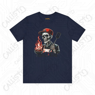 Men’s Funny ’Grill King’ Horror Skeleton Dad Graphic Shirt: Humorous BBQ Apparel for Grill Masters and Dads