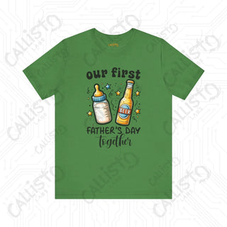 Men’s ’Our First Father’s Day Together’ Shirt: Celebratory Tee with Beer and Baby Bottle Graphic - Perfect Gift