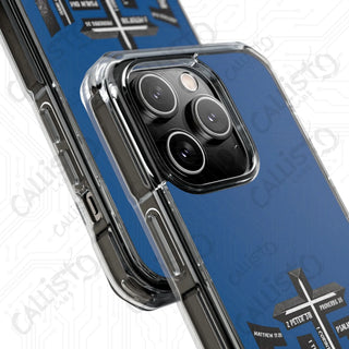 Blue FAITH Bible Scripture Magnetic Clear Impact Case for iPhone 14 & 15 - MagSafe® Compatible - Phone Case