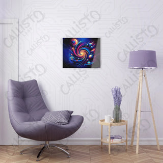 Purple chair in front of white wall with abstract painting - Celestial Whirl Acrylic Panel Art from Callisto Labs