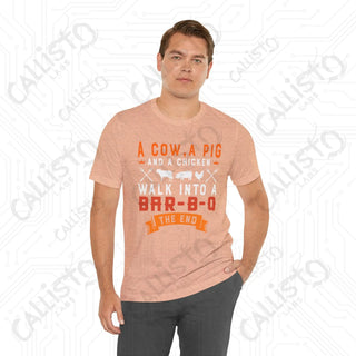 Men’s ’A Cow a Pig and a Chicken Walk into a BBQ’ Dad Joke Shirt: Hilarious BBQ Humor Tee for Dads and Grill