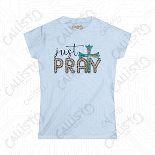 Women’s Softstyle Tee with Cross - ’Just Pray’ Inspirational Christian Shirt for Women - Light Blue / S - T-Shirt