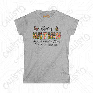 Women’s Softstyle Tee ’God Is Within Her’ Psalm 46:5 with Floral Design Inspirational Christian Shirt for Her