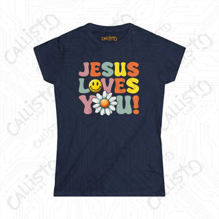 Women’s Floral Design Shirt - ’Jesus Loves You’: Inspirational Christian Tee for Women Faith-Based Apparel - Navy