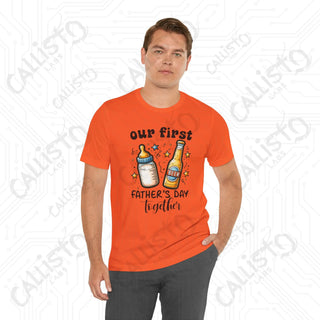 Men’s ’Our First Father’s Day Together’ Shirt: Celebratory Tee with Beer and Baby Bottle Graphic - Perfect Gift