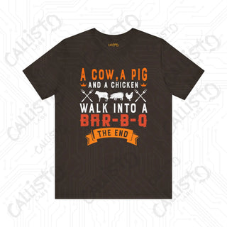 Men’s ’A Cow a Pig and a Chicken Walk into a BBQ’ Dad Joke Shirt: Hilarious BBQ Humor Tee for Dads and Grill