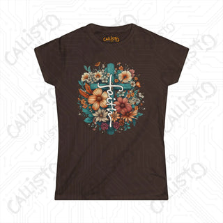 Empowering Women’s ’Faith’ Softstyle Tee with Floral Design and Cross - Inspirational Apparel for Her - Dark