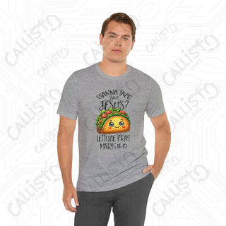 Men’s Funny ’Wanna Taco Bout Jesus Lettuce Pray’ Religious Shirt Humorous Christian Tee with Mark 16:15 Quote