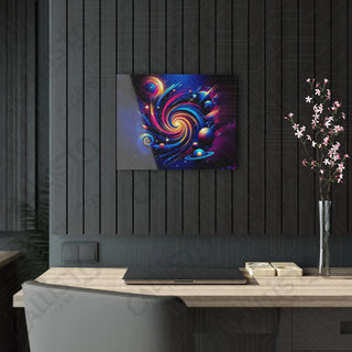 Modern dining room with large table and celestial acrylic panel art by Callisto Labs