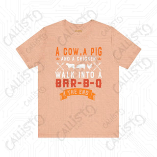 Men’s ’A Cow a Pig and a Chicken Walk into a BBQ’ Dad Joke Shirt: Hilarious BBQ Humor Tee for Dads and Grill