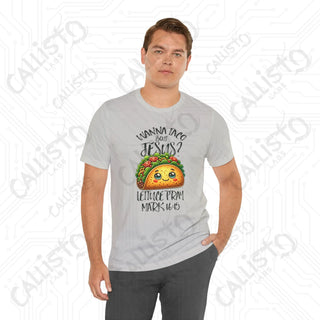 Men’s Funny ’Wanna Taco Bout Jesus Lettuce Pray’ Religious Shirt Humorous Christian Tee with Mark 16:15 Quote